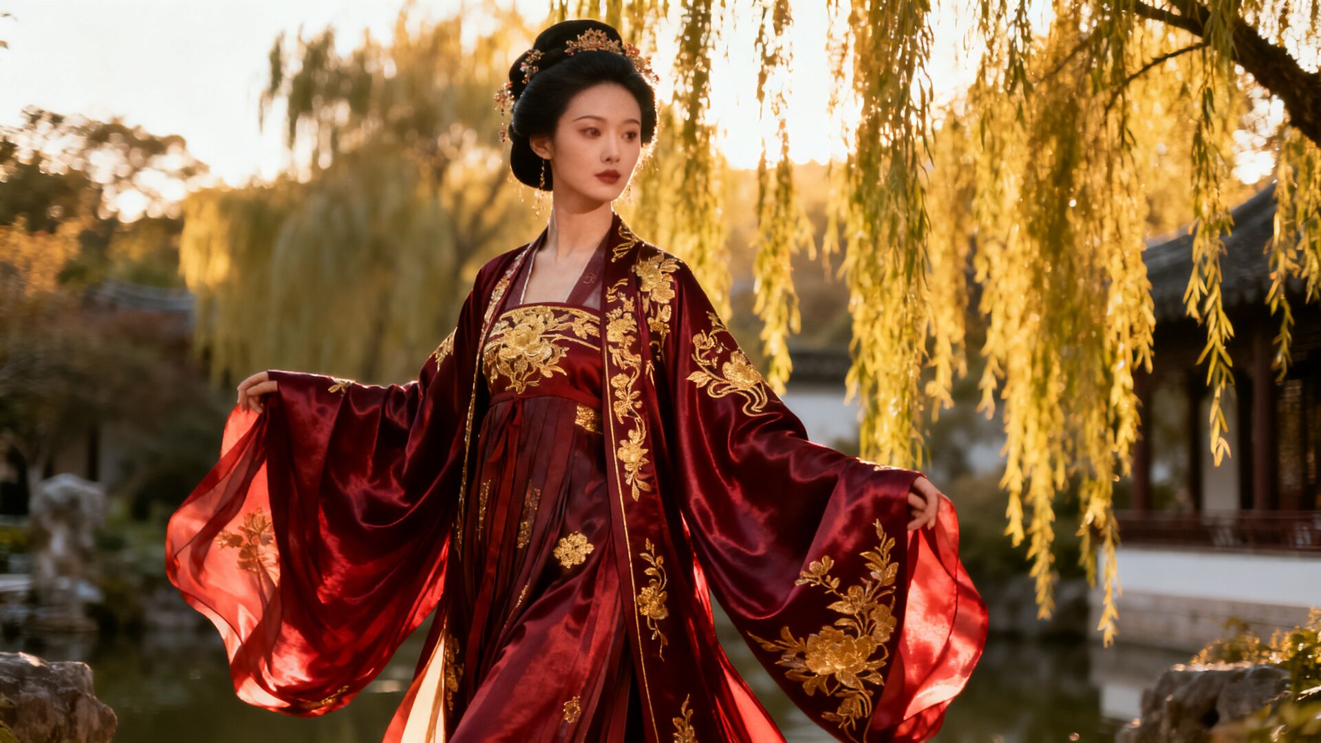 Model wearing Tang dynasty Hanfu in crimson silk